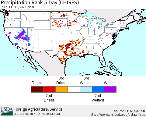 United States Precipitation Rank since 1981, 5-Day (CHIRPS) Thematic Map For 9/11/2022 - 9/15/2022