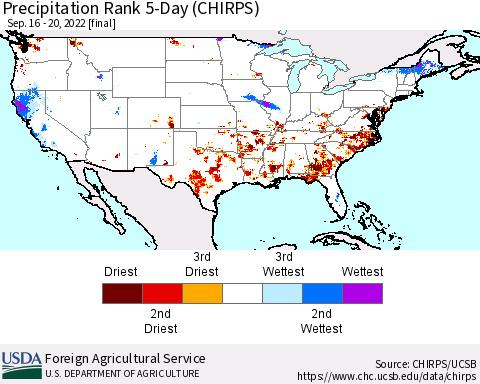 United States Precipitation Rank 5-Day (CHIRPS) Thematic Map For 9/16/2022 - 9/20/2022