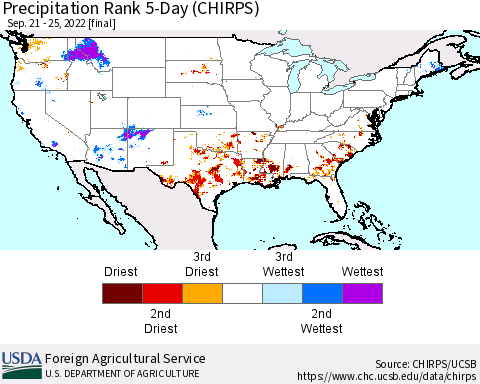 United States Precipitation Rank since 1981, 5-Day (CHIRPS) Thematic Map For 9/21/2022 - 9/25/2022
