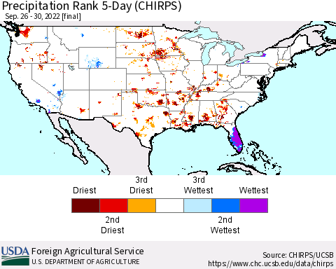 United States Precipitation Rank 5-Day (CHIRPS) Thematic Map For 9/26/2022 - 9/30/2022