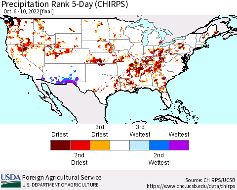 United States Precipitation Rank since 1981, 5-Day (CHIRPS) Thematic Map For 10/6/2022 - 10/10/2022