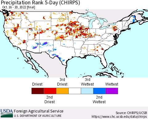 United States Precipitation Rank 5-Day (CHIRPS) Thematic Map For 10/16/2022 - 10/20/2022