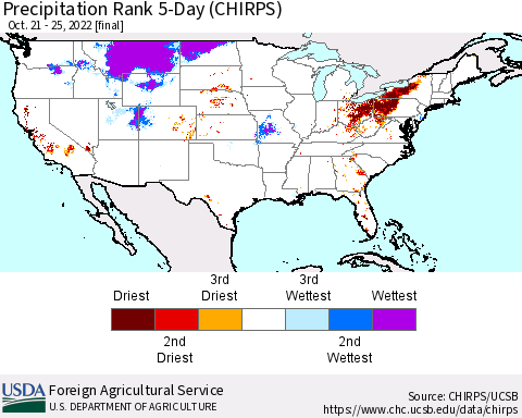 United States Precipitation Rank 5-Day (CHIRPS) Thematic Map For 10/21/2022 - 10/25/2022