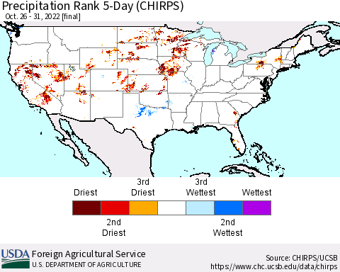 United States Precipitation Rank since 1981, 5-Day (CHIRPS) Thematic Map For 10/26/2022 - 10/31/2022