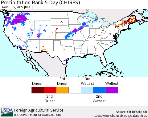 United States Precipitation Rank since 1981, 5-Day (CHIRPS) Thematic Map For 11/1/2022 - 11/5/2022