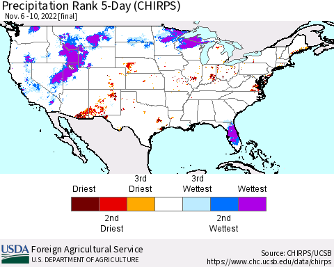 United States Precipitation Rank since 1981, 5-Day (CHIRPS) Thematic Map For 11/6/2022 - 11/10/2022