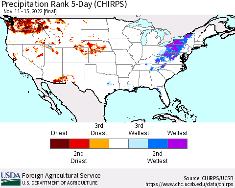 United States Precipitation Rank 5-Day (CHIRPS) Thematic Map For 11/11/2022 - 11/15/2022