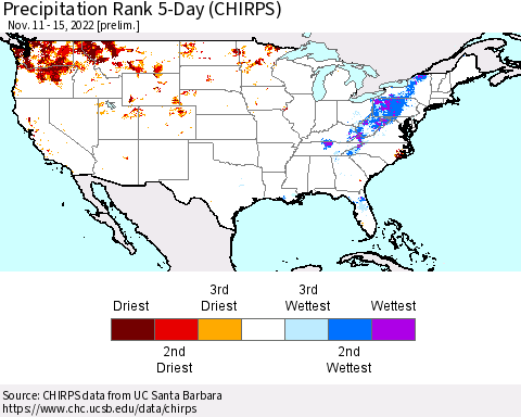 United States Precipitation Rank 5-Day (CHIRPS) Thematic Map For 11/11/2022 - 11/15/2022