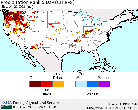 United States Precipitation Rank since 1981, 5-Day (CHIRPS) Thematic Map For 11/16/2022 - 11/20/2022