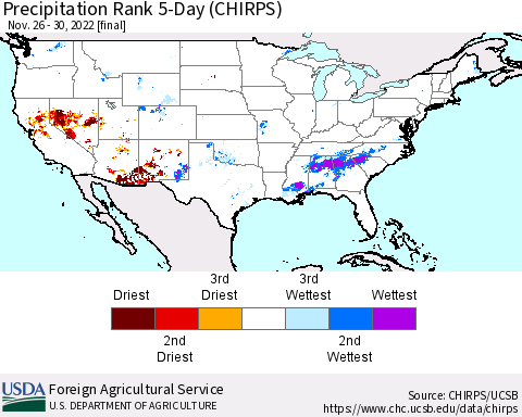 United States Precipitation Rank since 1981, 5-Day (CHIRPS) Thematic Map For 11/26/2022 - 11/30/2022