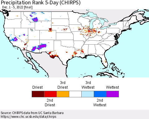United States Precipitation Rank since 1981, 5-Day (CHIRPS) Thematic Map For 12/1/2022 - 12/5/2022