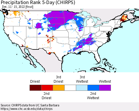 United States Precipitation Rank since 1981, 5-Day (CHIRPS) Thematic Map For 12/11/2022 - 12/15/2022