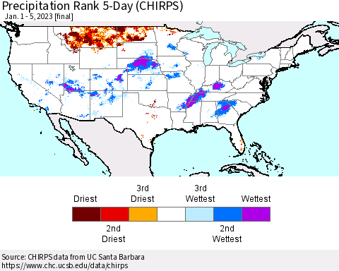 United States Precipitation Rank 5-Day (CHIRPS) Thematic Map For 1/1/2023 - 1/5/2023