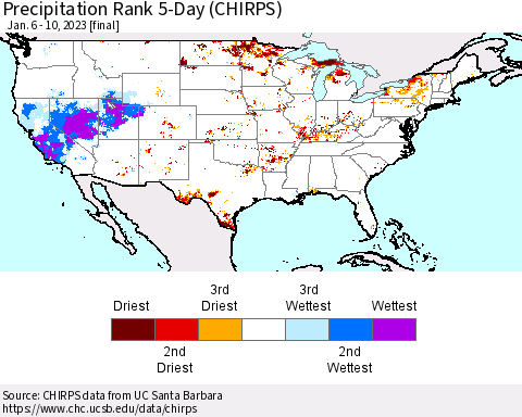 United States Precipitation Rank since 1981, 5-Day (CHIRPS) Thematic Map For 1/6/2023 - 1/10/2023