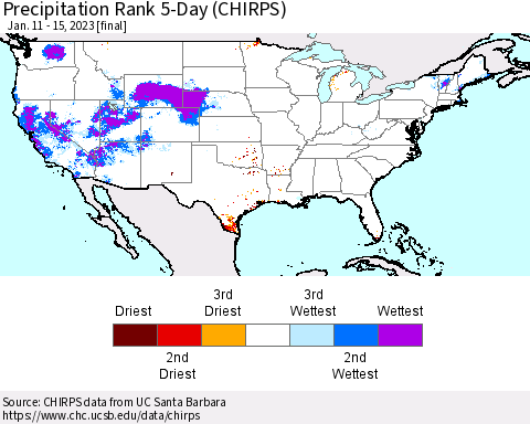 United States Precipitation Rank 5-Day (CHIRPS) Thematic Map For 1/11/2023 - 1/15/2023