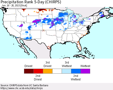 United States Precipitation Rank 5-Day (CHIRPS) Thematic Map For 1/16/2023 - 1/20/2023