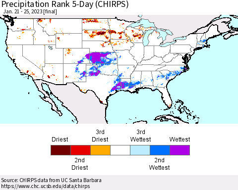 United States Precipitation Rank since 1981, 5-Day (CHIRPS) Thematic Map For 1/21/2023 - 1/25/2023