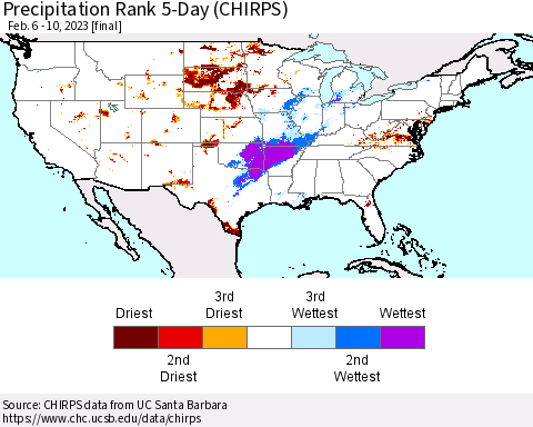 United States Precipitation Rank since 1981, 5-Day (CHIRPS) Thematic Map For 2/6/2023 - 2/10/2023
