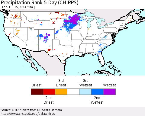 United States Precipitation Rank since 1981, 5-Day (CHIRPS) Thematic Map For 2/11/2023 - 2/15/2023