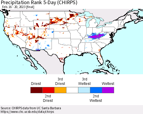 United States Precipitation Rank 5-Day (CHIRPS) Thematic Map For 2/16/2023 - 2/20/2023