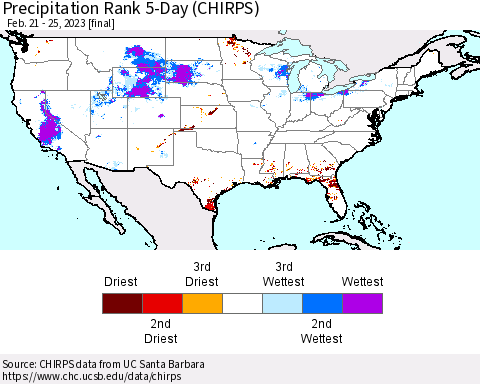 United States Precipitation Rank since 1981, 5-Day (CHIRPS) Thematic Map For 2/21/2023 - 2/25/2023