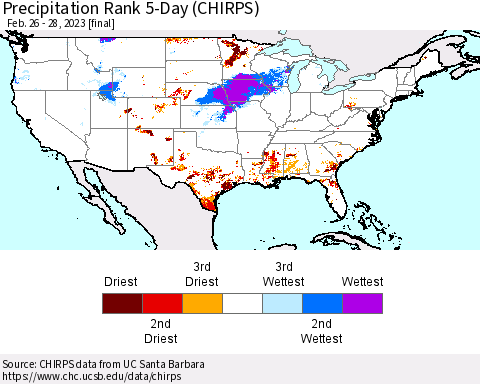 United States Precipitation Rank since 1981, 5-Day (CHIRPS) Thematic Map For 2/26/2023 - 2/28/2023