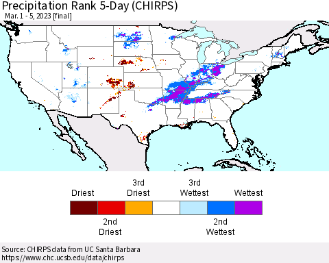United States Precipitation Rank since 1981, 5-Day (CHIRPS) Thematic Map For 3/1/2023 - 3/5/2023