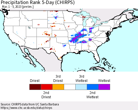 United States Precipitation Rank 5-Day (CHIRPS) Thematic Map For 3/1/2023 - 3/5/2023