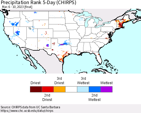 United States Precipitation Rank since 1981, 5-Day (CHIRPS) Thematic Map For 3/6/2023 - 3/10/2023