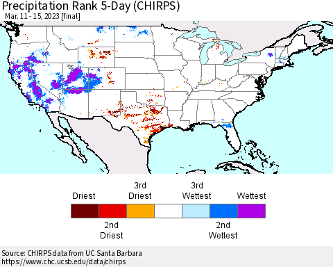 United States Precipitation Rank since 1981, 5-Day (CHIRPS) Thematic Map For 3/11/2023 - 3/15/2023