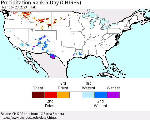 United States Precipitation Rank since 1981, 5-Day (CHIRPS) Thematic Map For 3/16/2023 - 3/20/2023