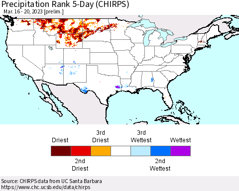 United States Precipitation Rank 5-Day (CHIRPS) Thematic Map For 3/16/2023 - 3/20/2023