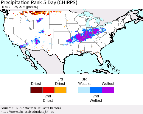 United States Precipitation Rank 5-Day (CHIRPS) Thematic Map For 3/21/2023 - 3/25/2023