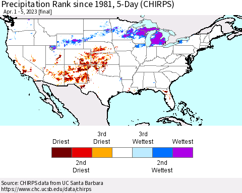 United States Precipitation Rank since 1981, 5-Day (CHIRPS) Thematic Map For 4/1/2023 - 4/5/2023