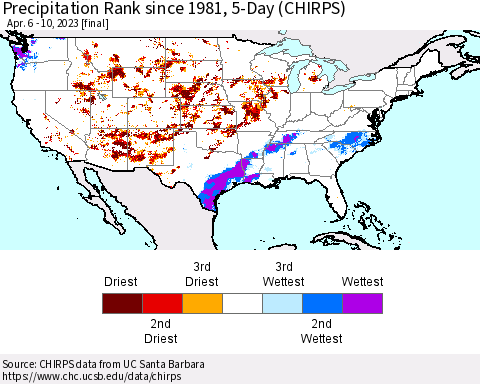 United States Precipitation Rank since 1981, 5-Day (CHIRPS) Thematic Map For 4/6/2023 - 4/10/2023