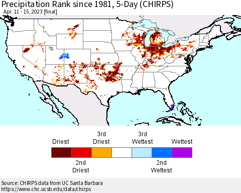 United States Precipitation Rank since 1981, 5-Day (CHIRPS) Thematic Map For 4/11/2023 - 4/15/2023