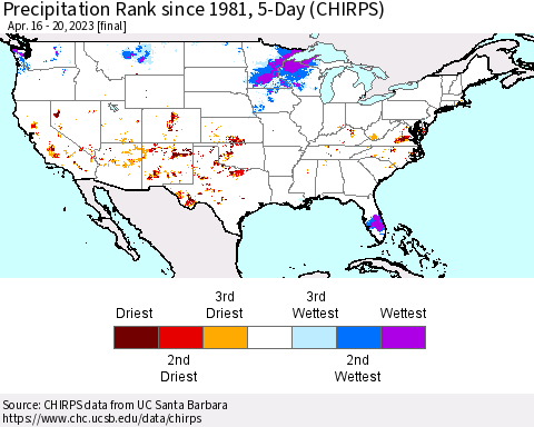 United States Precipitation Rank since 1981, 5-Day (CHIRPS) Thematic Map For 4/16/2023 - 4/20/2023
