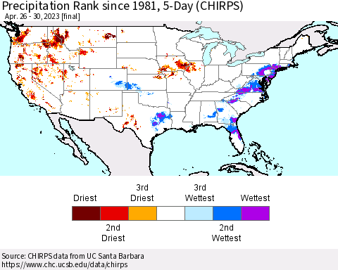 United States Precipitation Rank since 1981, 5-Day (CHIRPS) Thematic Map For 4/26/2023 - 4/30/2023