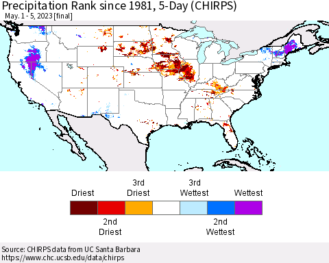 United States Precipitation Rank since 1981, 5-Day (CHIRPS) Thematic Map For 5/1/2023 - 5/5/2023