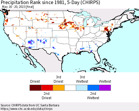 United States Precipitation Rank since 1981, 5-Day (CHIRPS) Thematic Map For 5/16/2023 - 5/20/2023