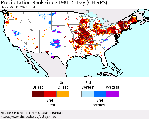 United States Precipitation Rank since 1981, 5-Day (CHIRPS) Thematic Map For 5/26/2023 - 5/31/2023
