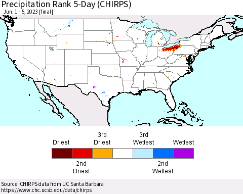 United States Precipitation Rank since 1981, 5-Day (CHIRPS) Thematic Map For 6/1/2023 - 6/5/2023