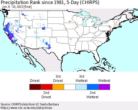 United States Precipitation Rank since 1981, 5-Day (CHIRPS) Thematic Map For 6/6/2023 - 6/10/2023