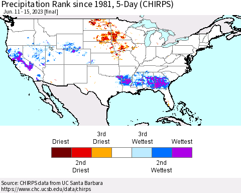 United States Precipitation Rank since 1981, 5-Day (CHIRPS) Thematic Map For 6/11/2023 - 6/15/2023