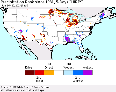 United States Precipitation Rank since 1981, 5-Day (CHIRPS) Thematic Map For 6/16/2023 - 6/20/2023