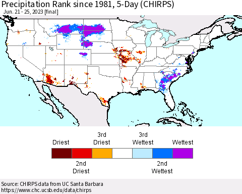 United States Precipitation Rank since 1981, 5-Day (CHIRPS) Thematic Map For 6/21/2023 - 6/25/2023