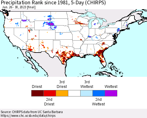 United States Precipitation Rank since 1981, 5-Day (CHIRPS) Thematic Map For 6/26/2023 - 6/30/2023