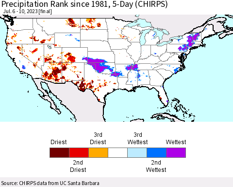 United States Precipitation Rank since 1981, 5-Day (CHIRPS) Thematic Map For 7/6/2023 - 7/10/2023