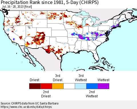 United States Precipitation Rank since 1981, 5-Day (CHIRPS) Thematic Map For 7/16/2023 - 7/20/2023