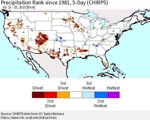 United States Precipitation Rank since 1981, 5-Day (CHIRPS) Thematic Map For 7/21/2023 - 7/25/2023